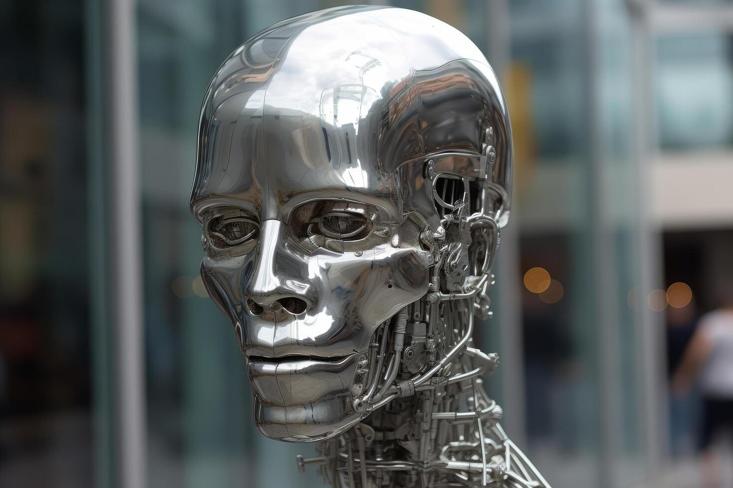 Futuristic robot head close up photo