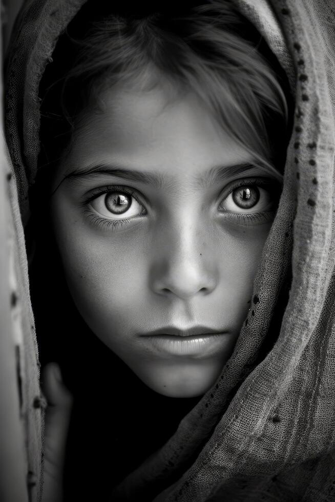 Pensive young person with intense gaze photo