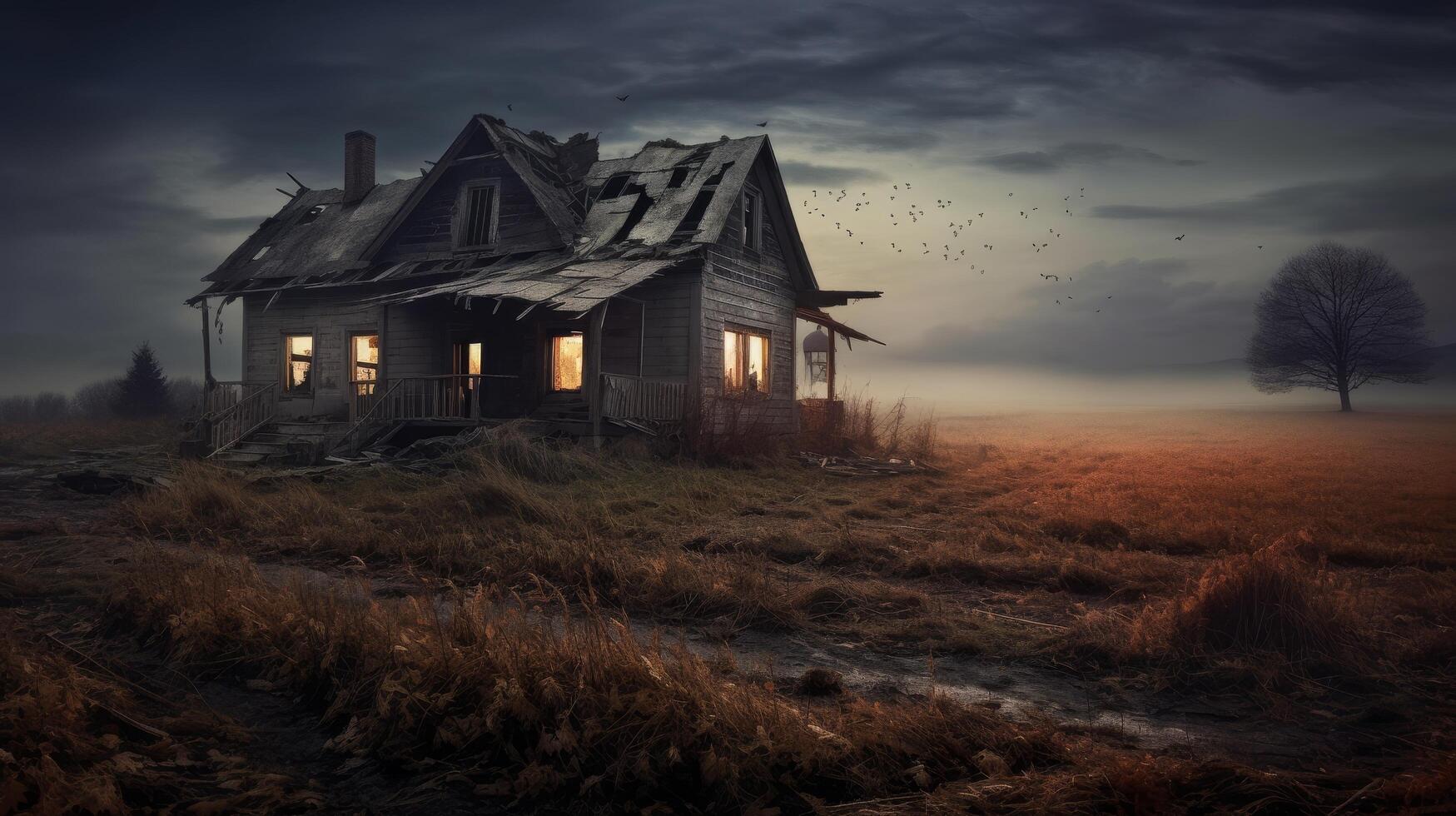 Abandoned old house in a haunting landscape photo
