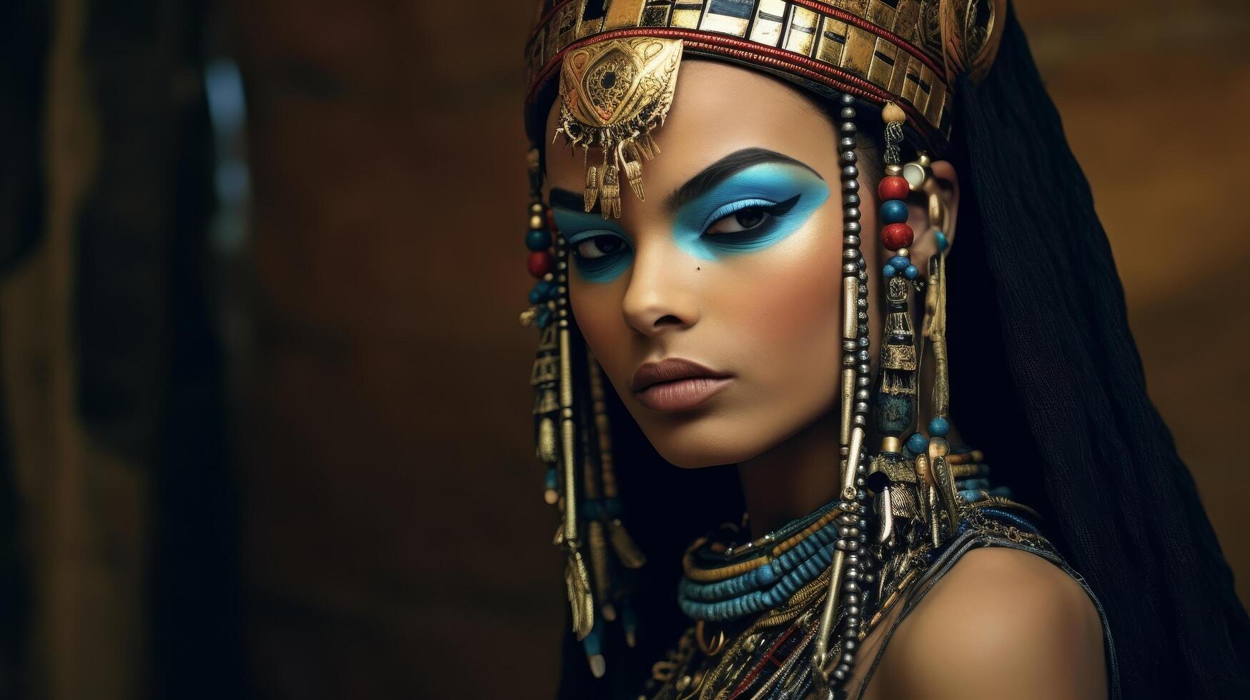 Mysterious Egyptian inspired woman with ornate headdress and makeup photo