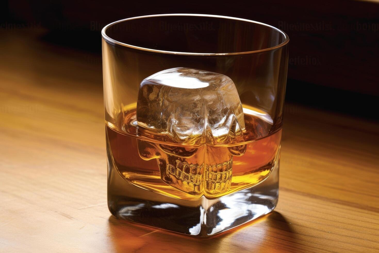 Whiskey glass with skull ice cube photo