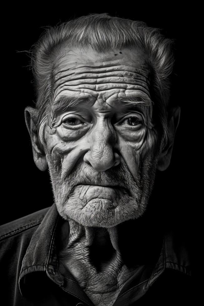 Weathered face of an elderly man in black and white photo