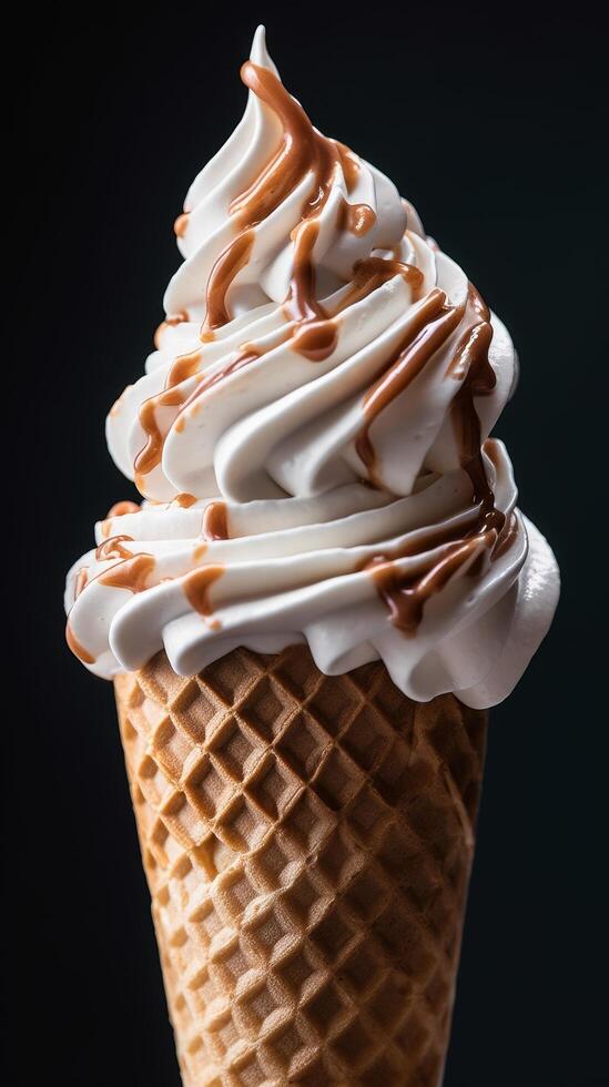 Delicious soft serve ice cream in a waffle cone photo
