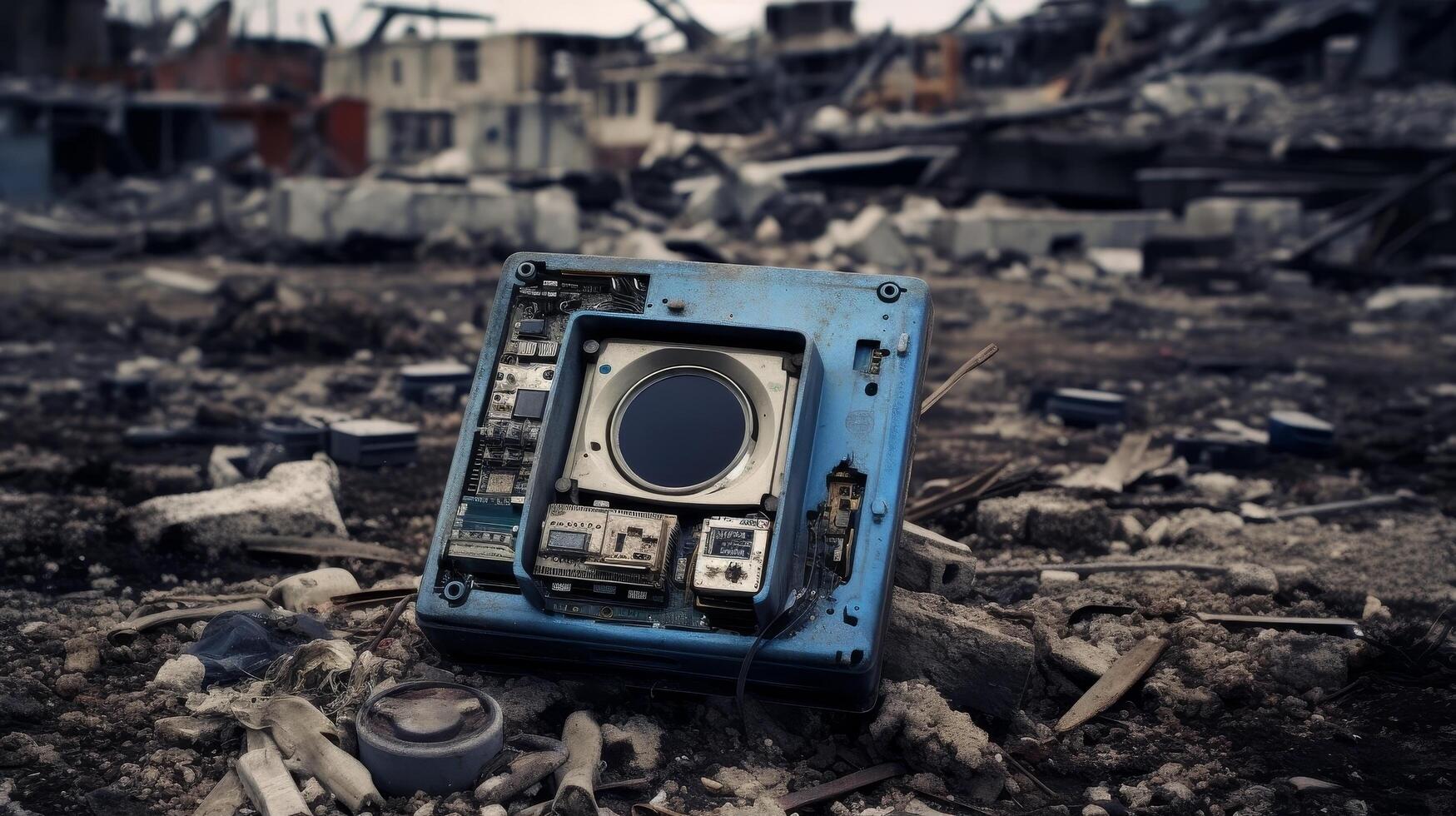 Abandoned electronic device in a post apocalyptic landscape photo
