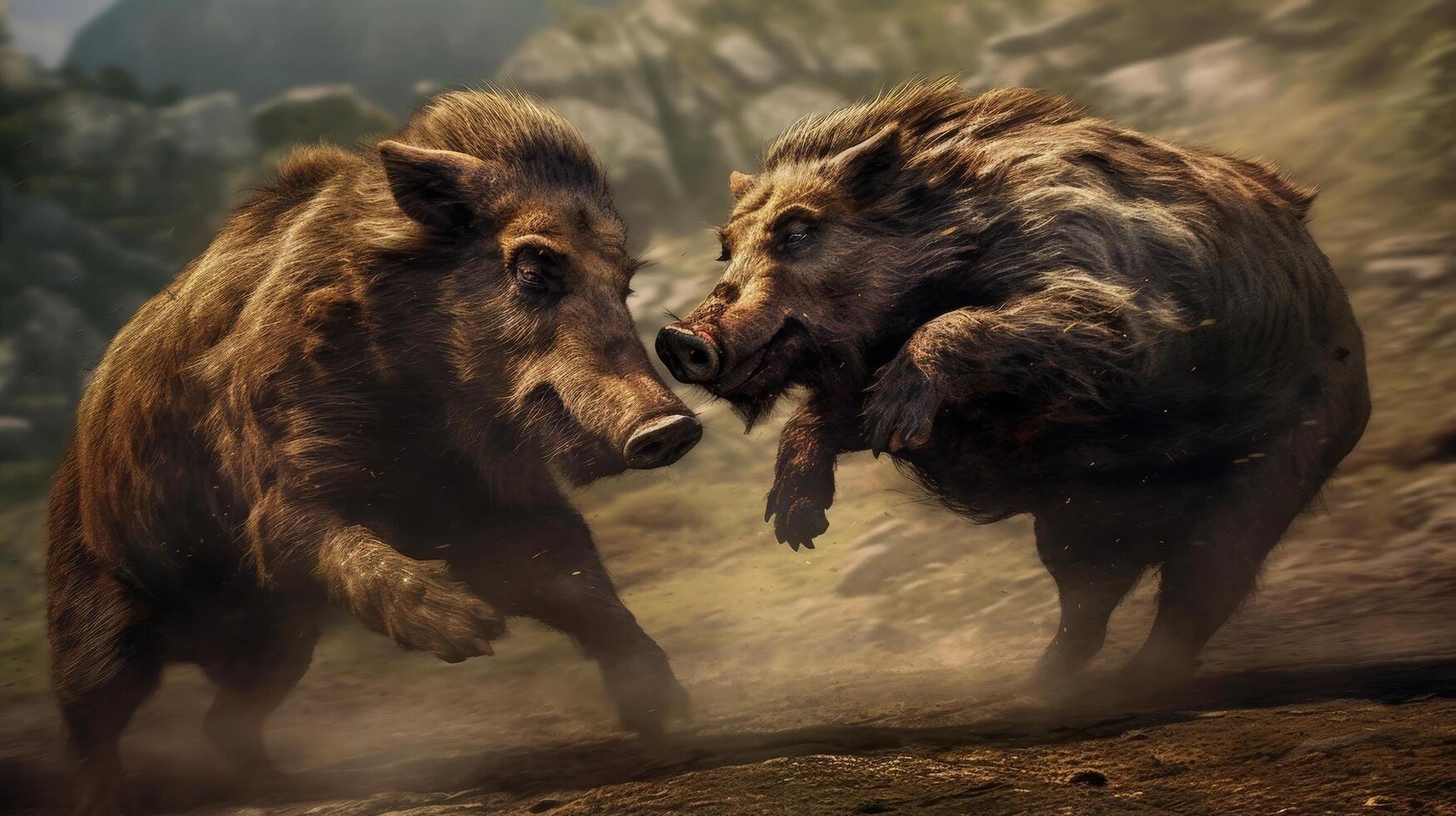 Fierce wild boars fighting in the wilderness photo