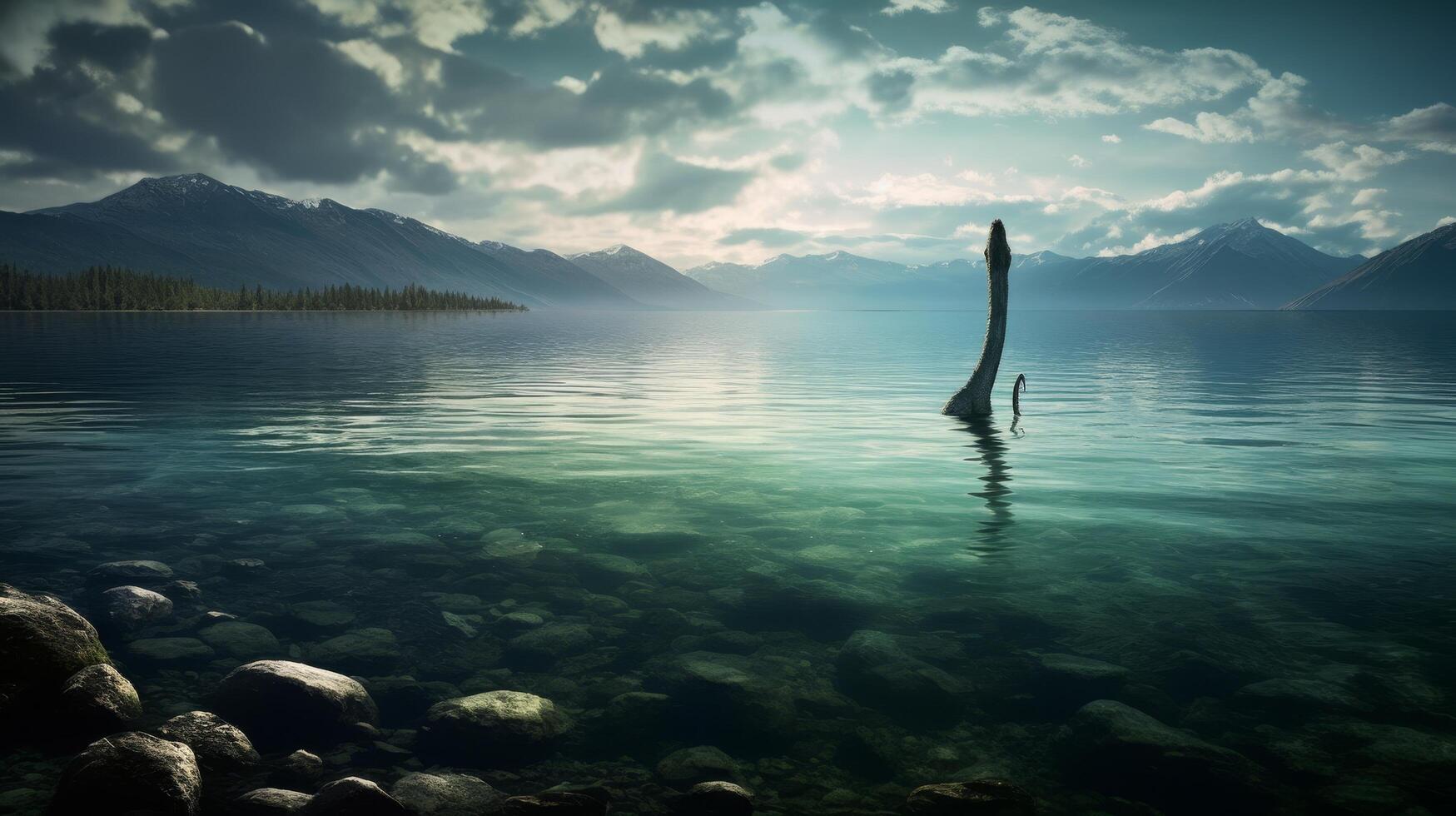 mysterious creature emerges from serene mountain lake photo
