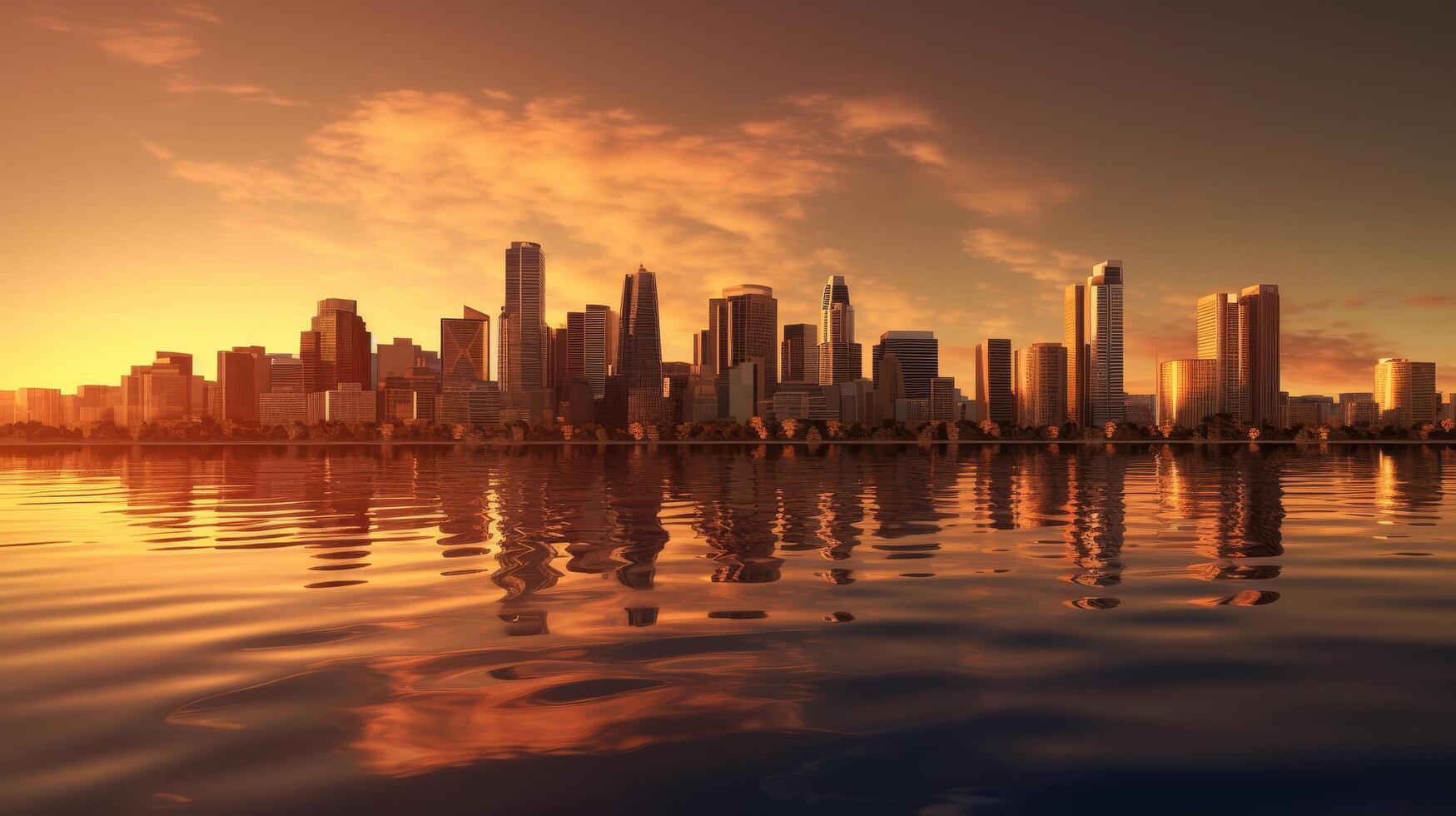 Vibrant city skyline reflected in water at sunset photo