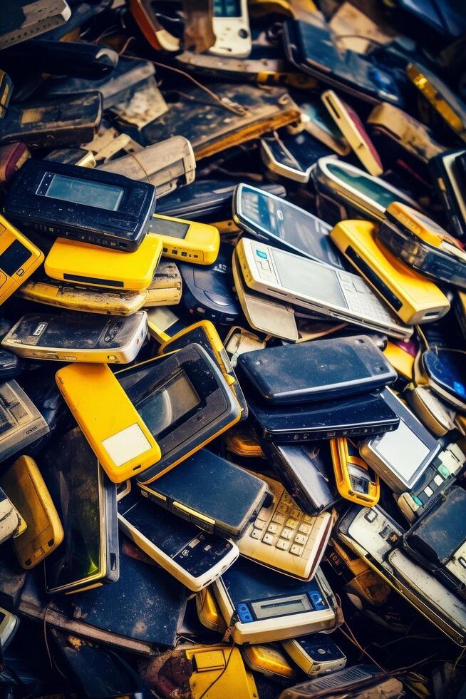Pile of discarded electronic devices and gadgets photo