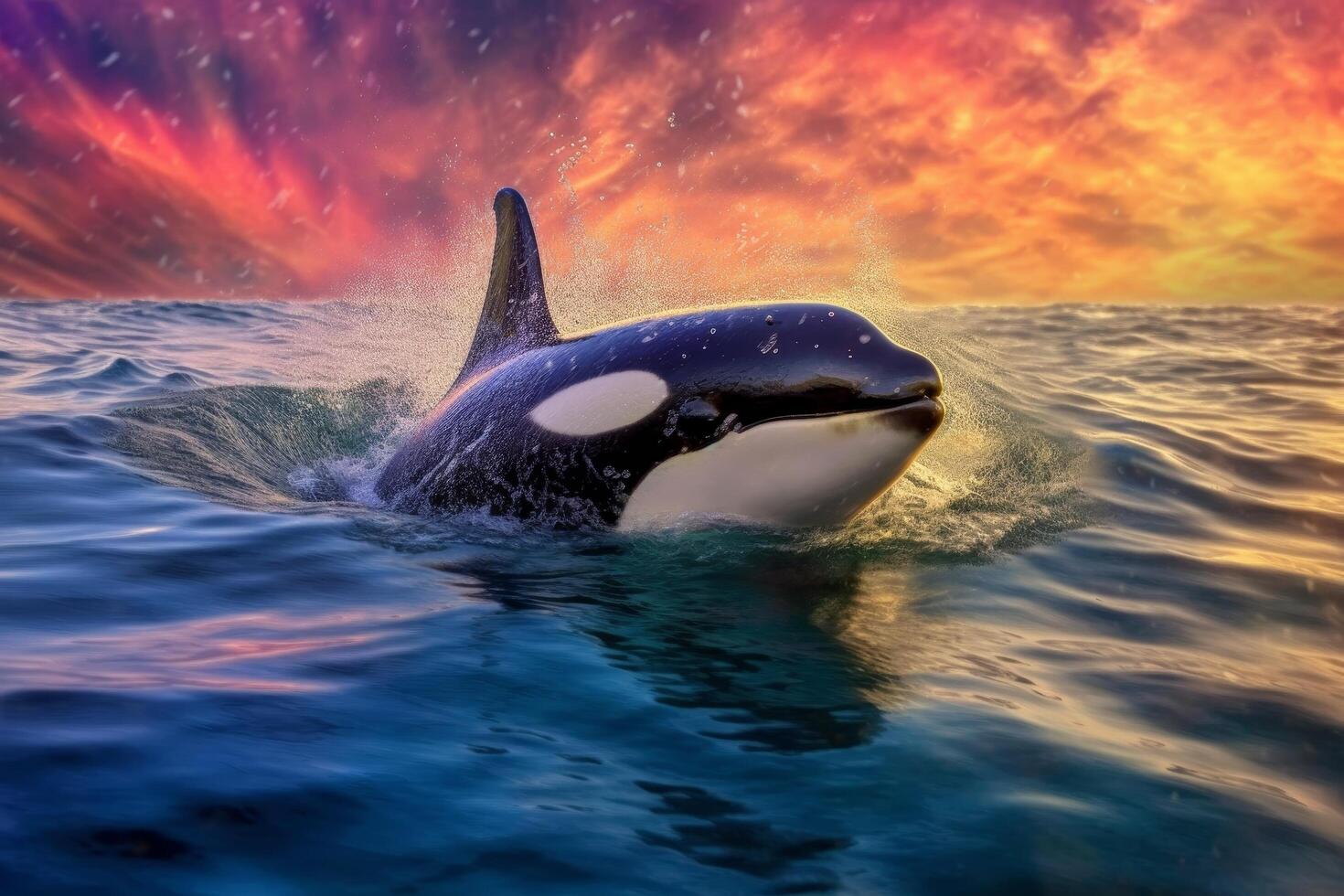 Orca whale breaching at sunset photo
