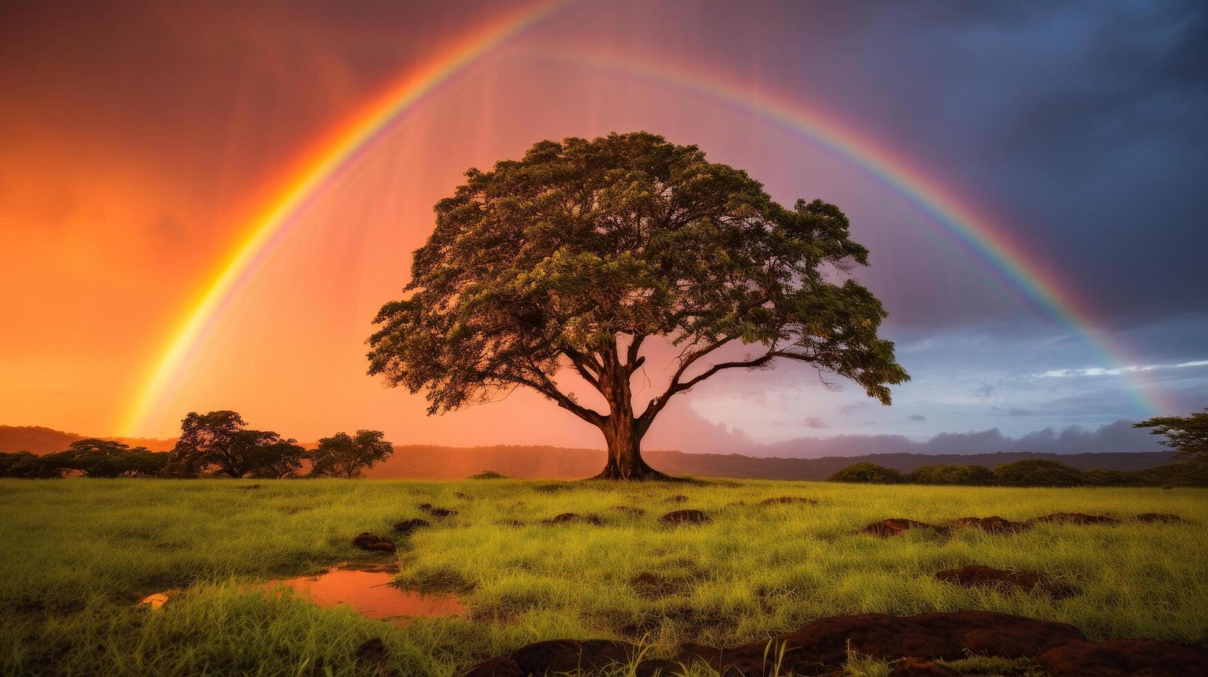 Stunning rainbow over a lone tree in a grassy field photo