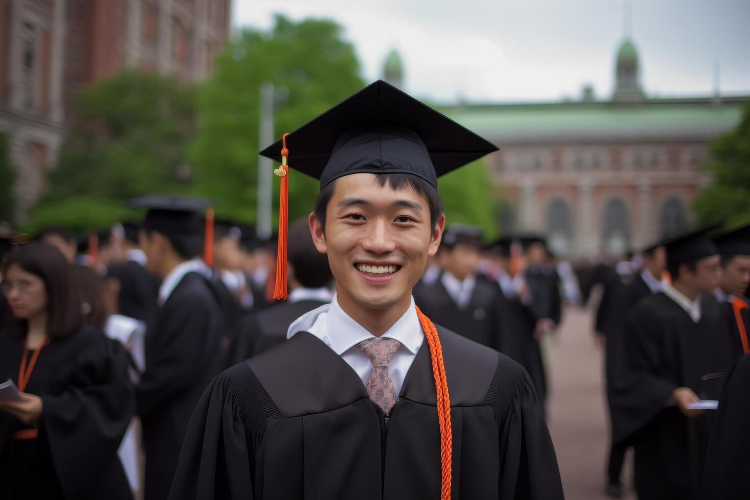 graduate in cap and gown smiling at camera photo