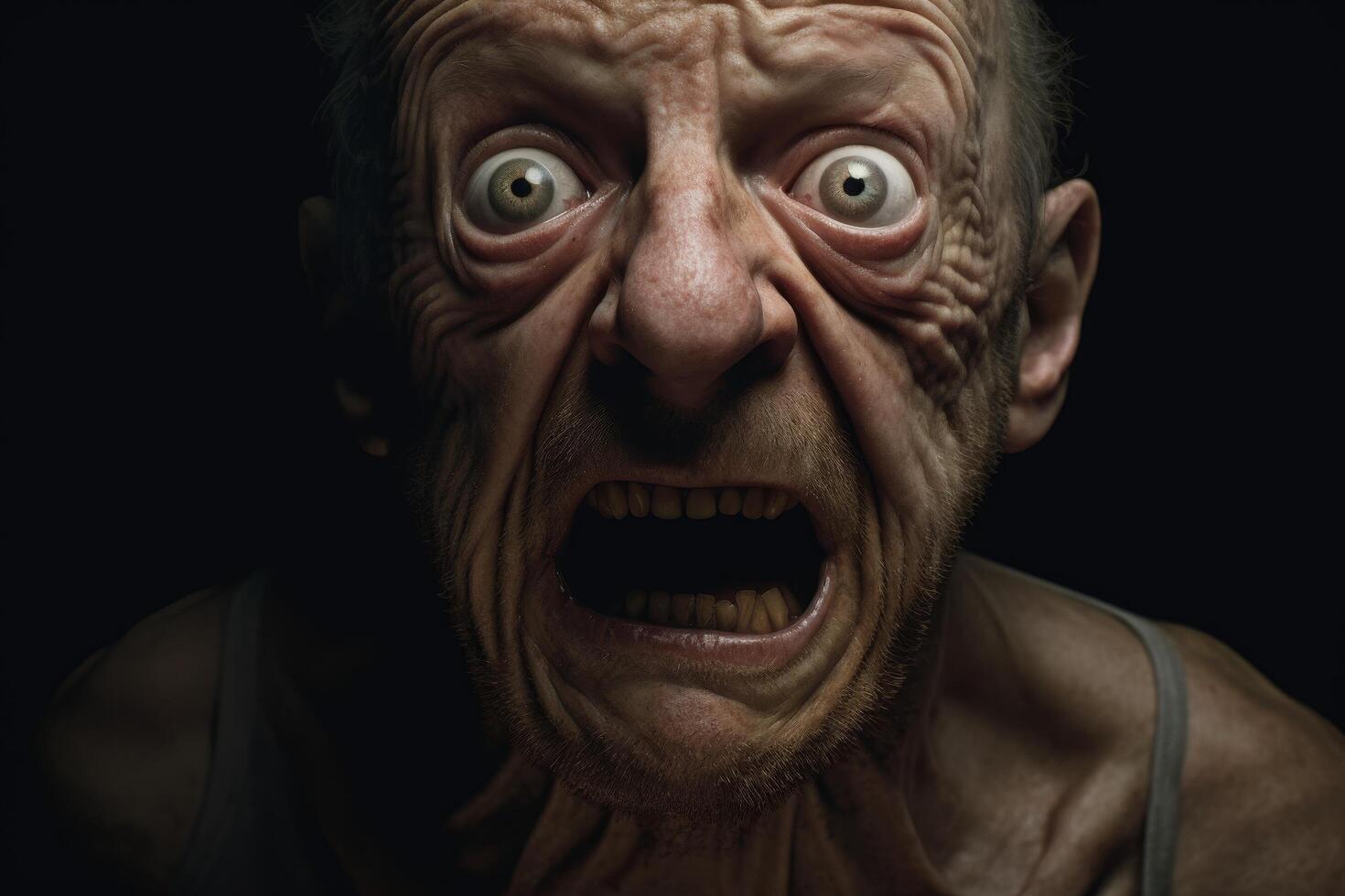 Frightening face of a creepy old man with wild eyes and an open mouth photo