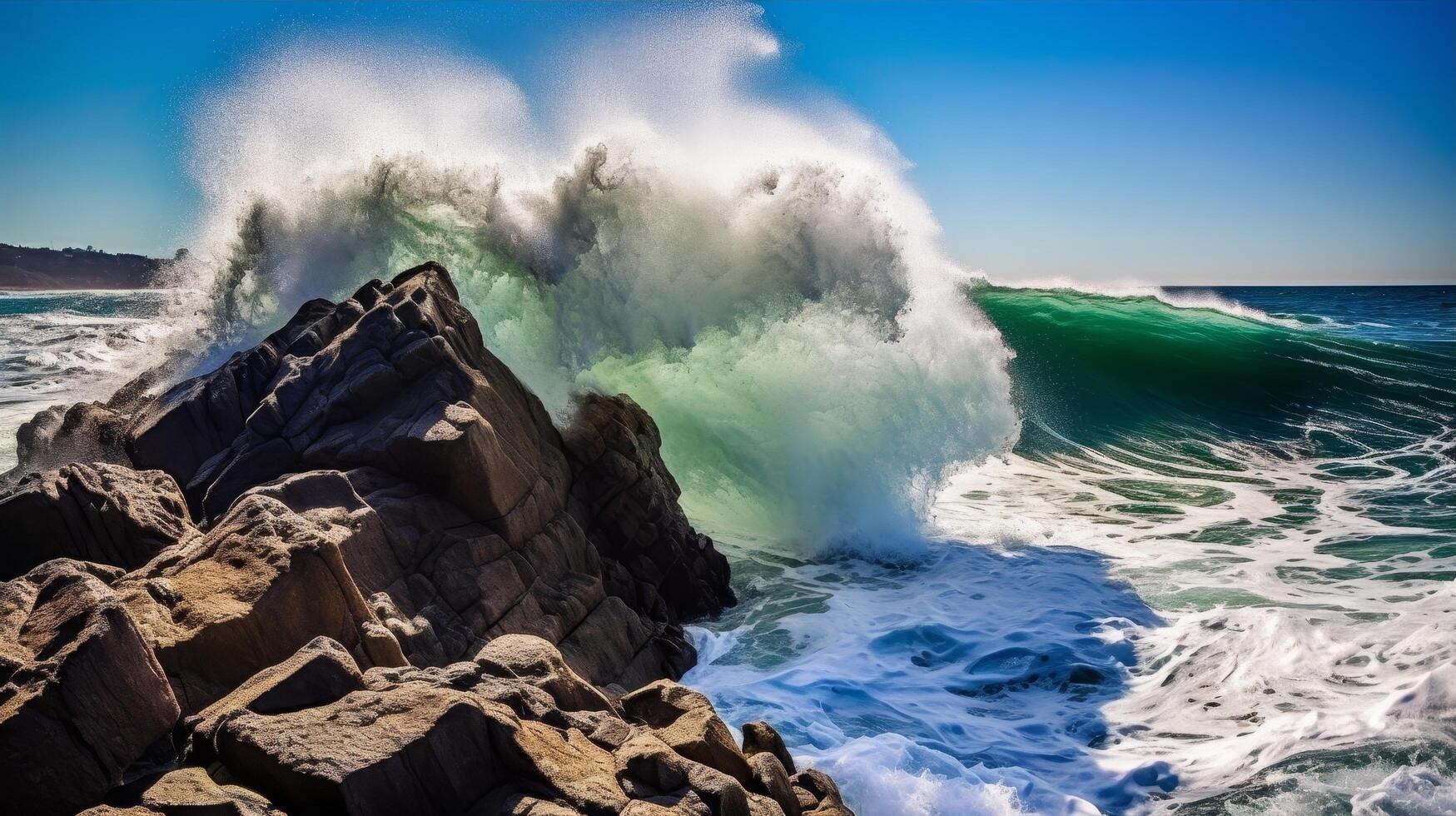 Powerful ocean waves crashing against rocky coastline photo