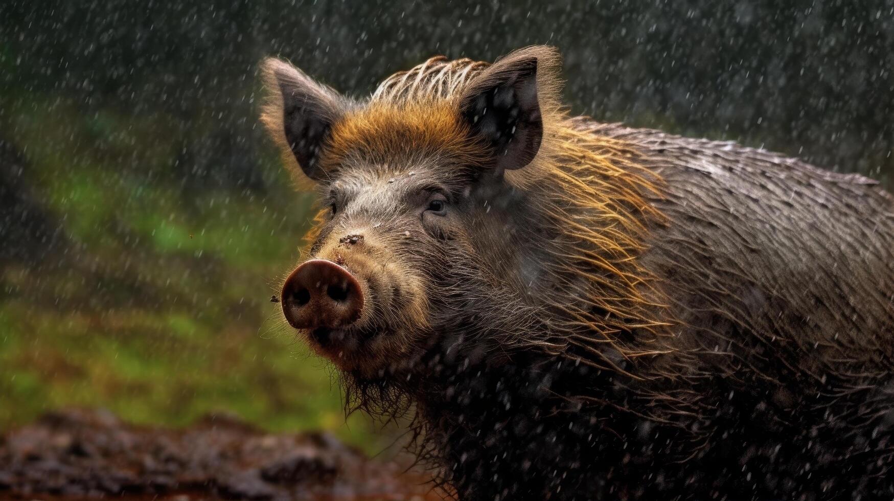 Wild boar in the rain photo