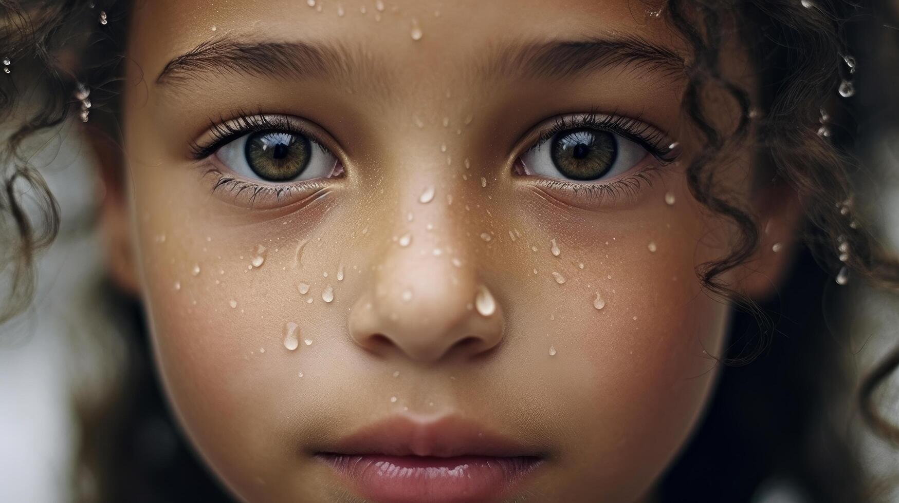 close up portrait of a child with rain drops on face photo