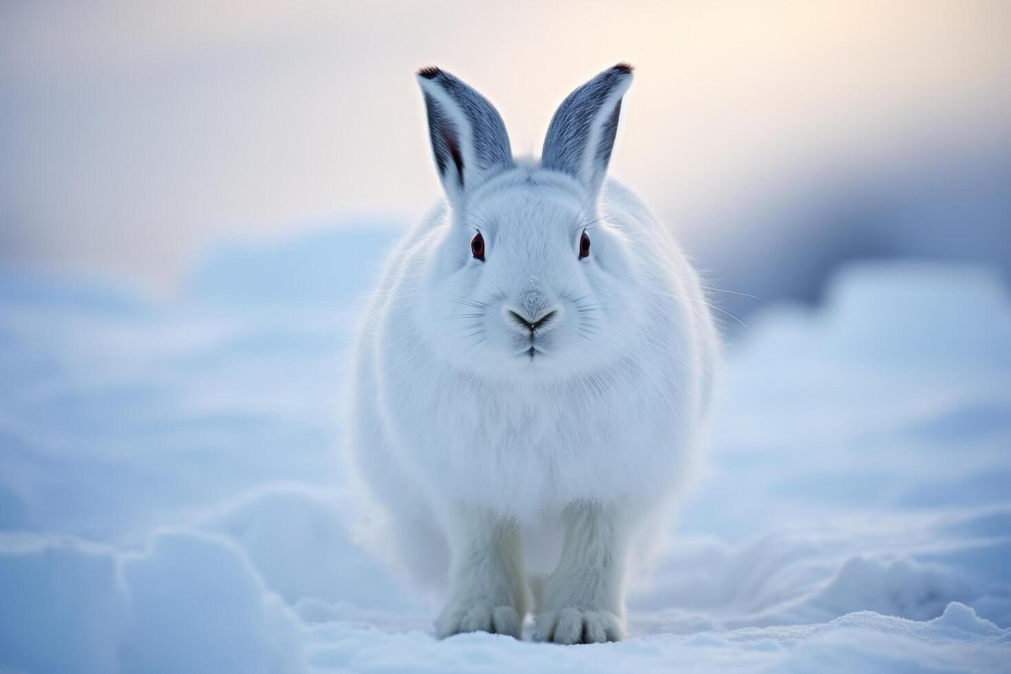 Adorable white rabbit in the snow photo