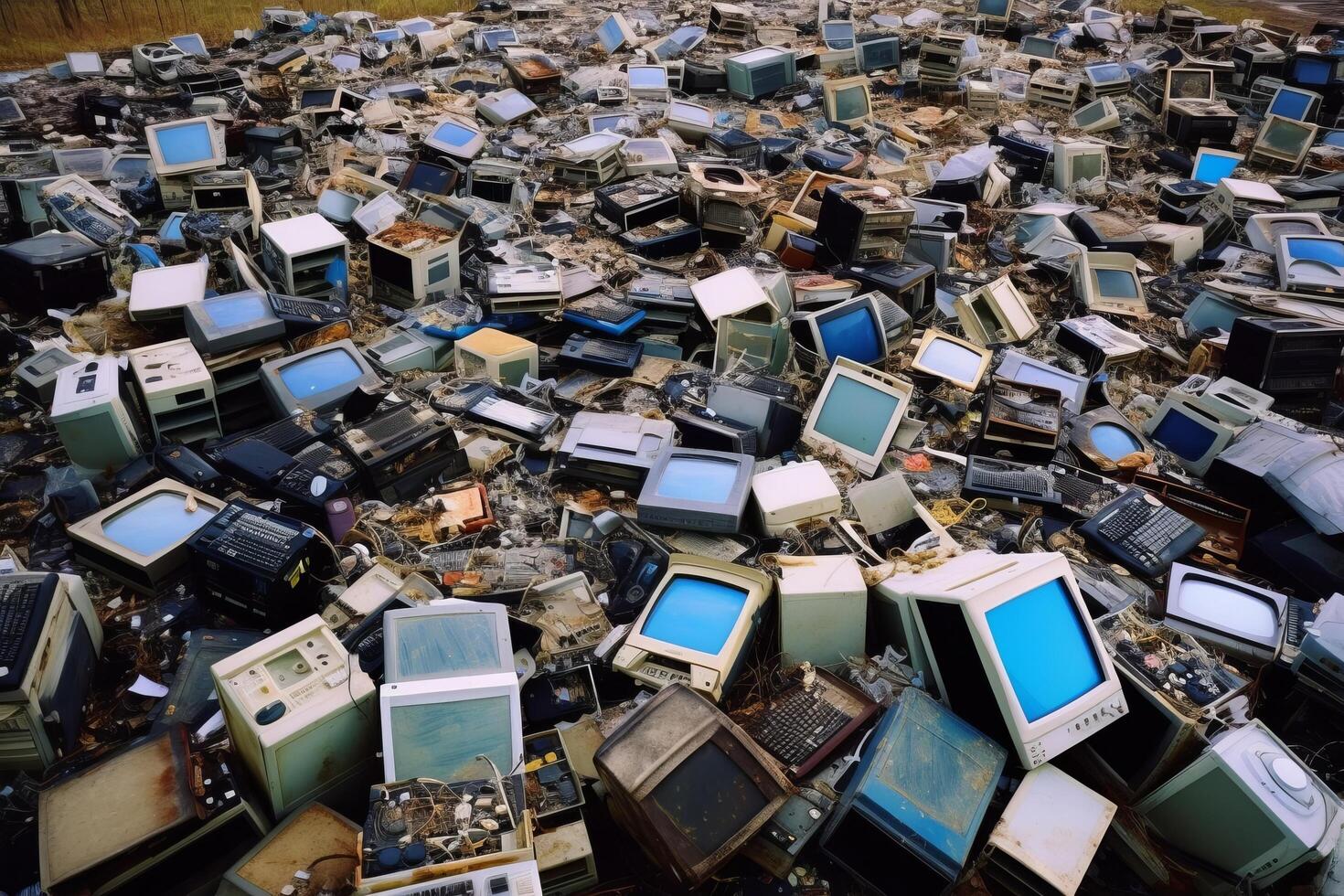 Piles of discarded electronic devices and computers photo