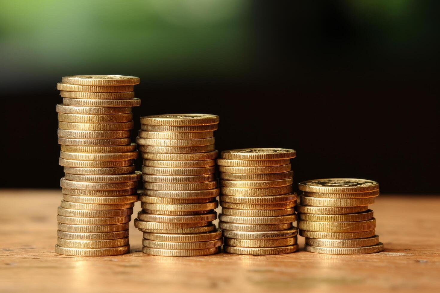 Stacks of golden coins on wooden table photo