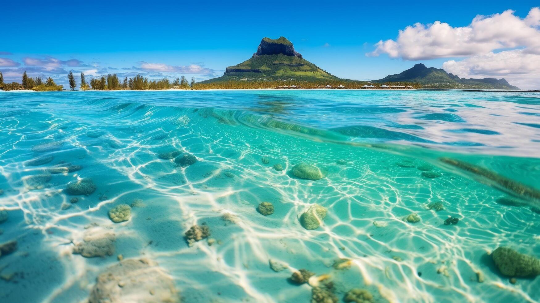 Stunning tropical beach with crystal clear turquoise waters and lush green mountains in the background photo