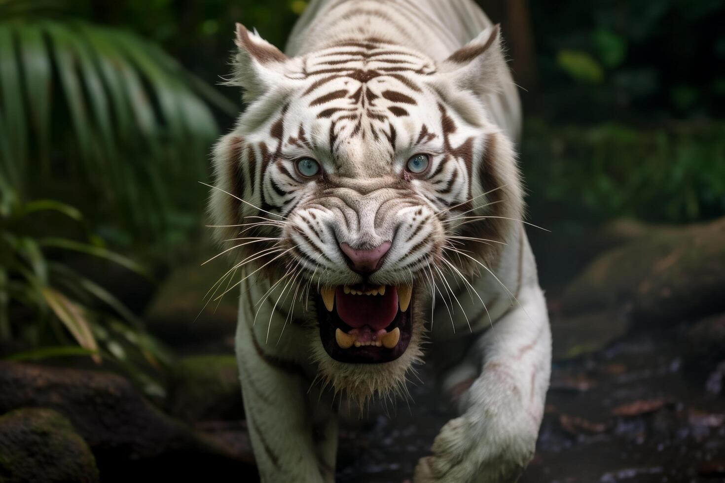 Fierce white tiger with intense blue eyes photo