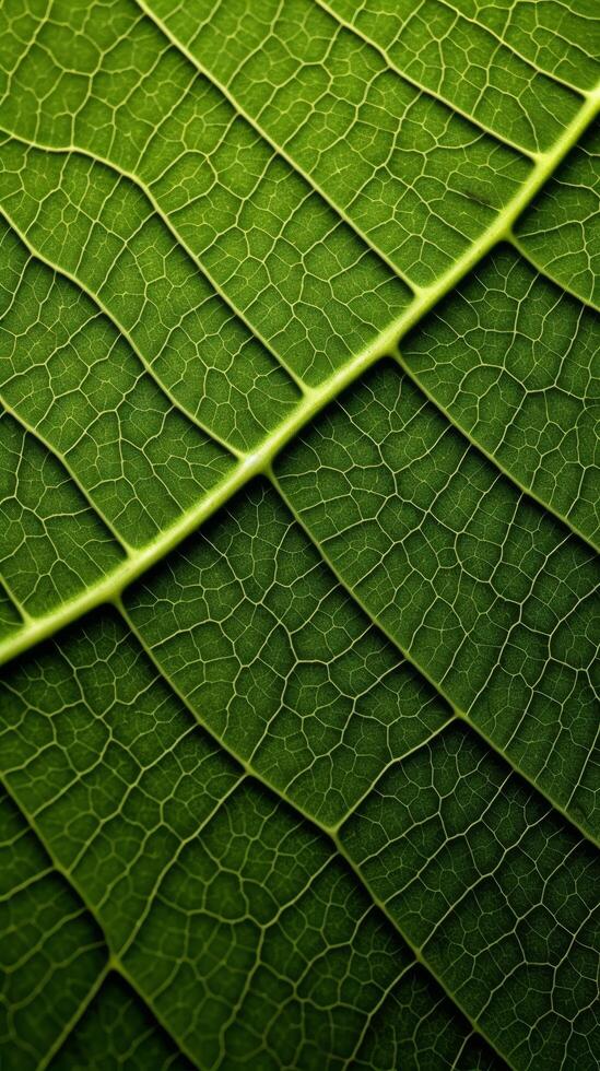 Macro shot of a green leaf with intricate vein patterns photo
