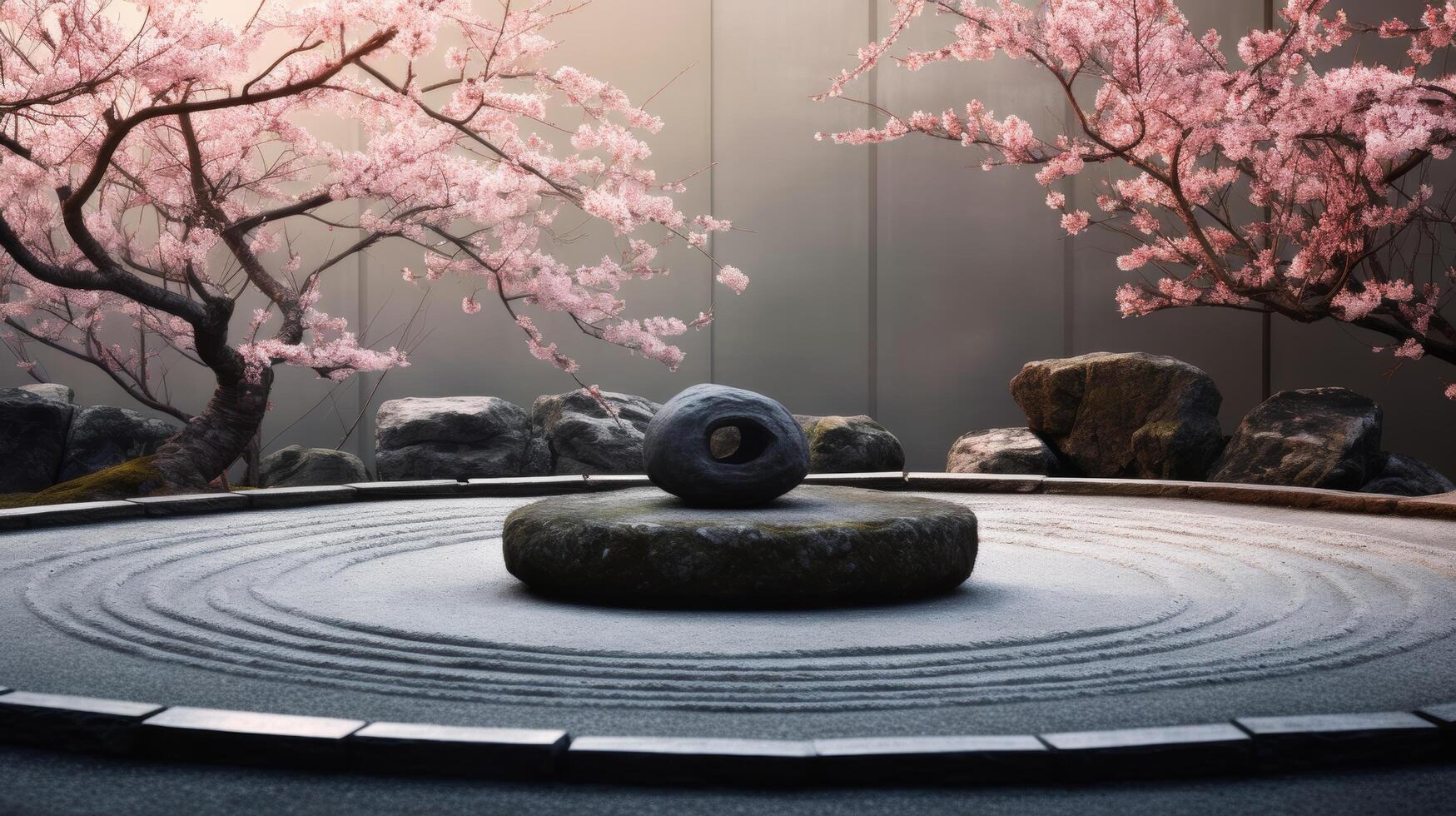 Serene Japanese garden with cherry blossoms photo