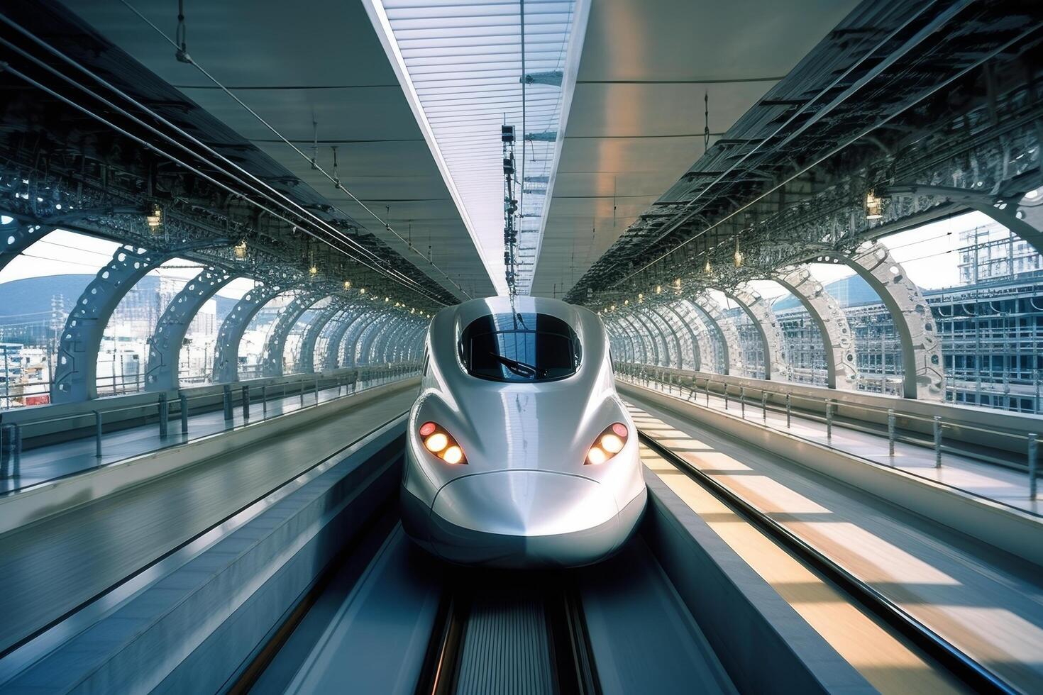 high speed train in modern railway station photo