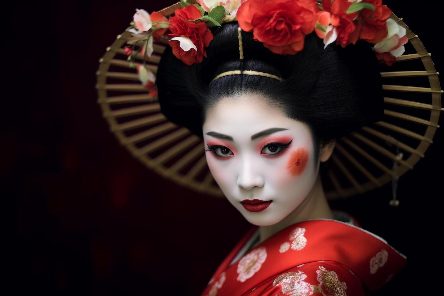 Elegant geisha portrait with red flowers photo