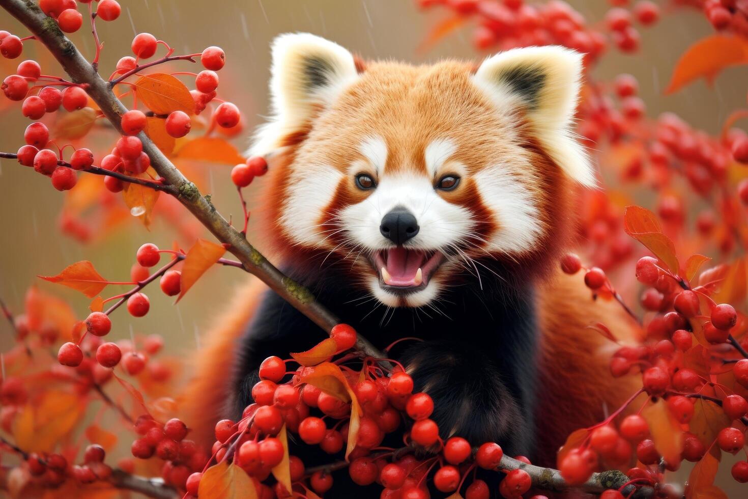 adorable red panda in autumn foliage photo