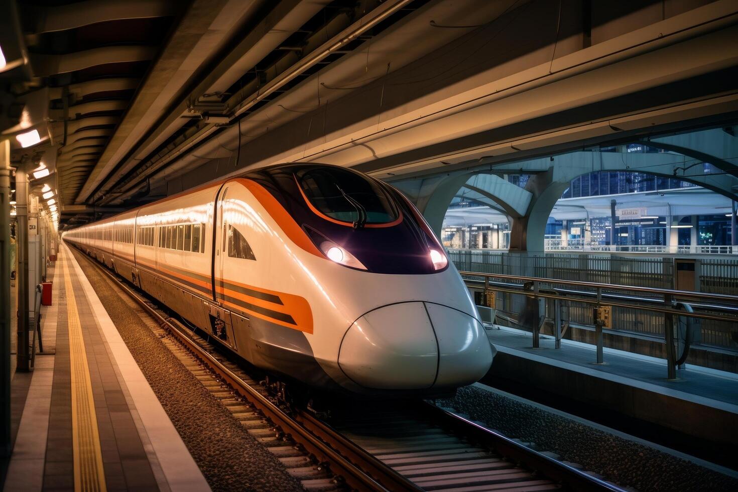 Sleek high speed train at modern railway station photo
