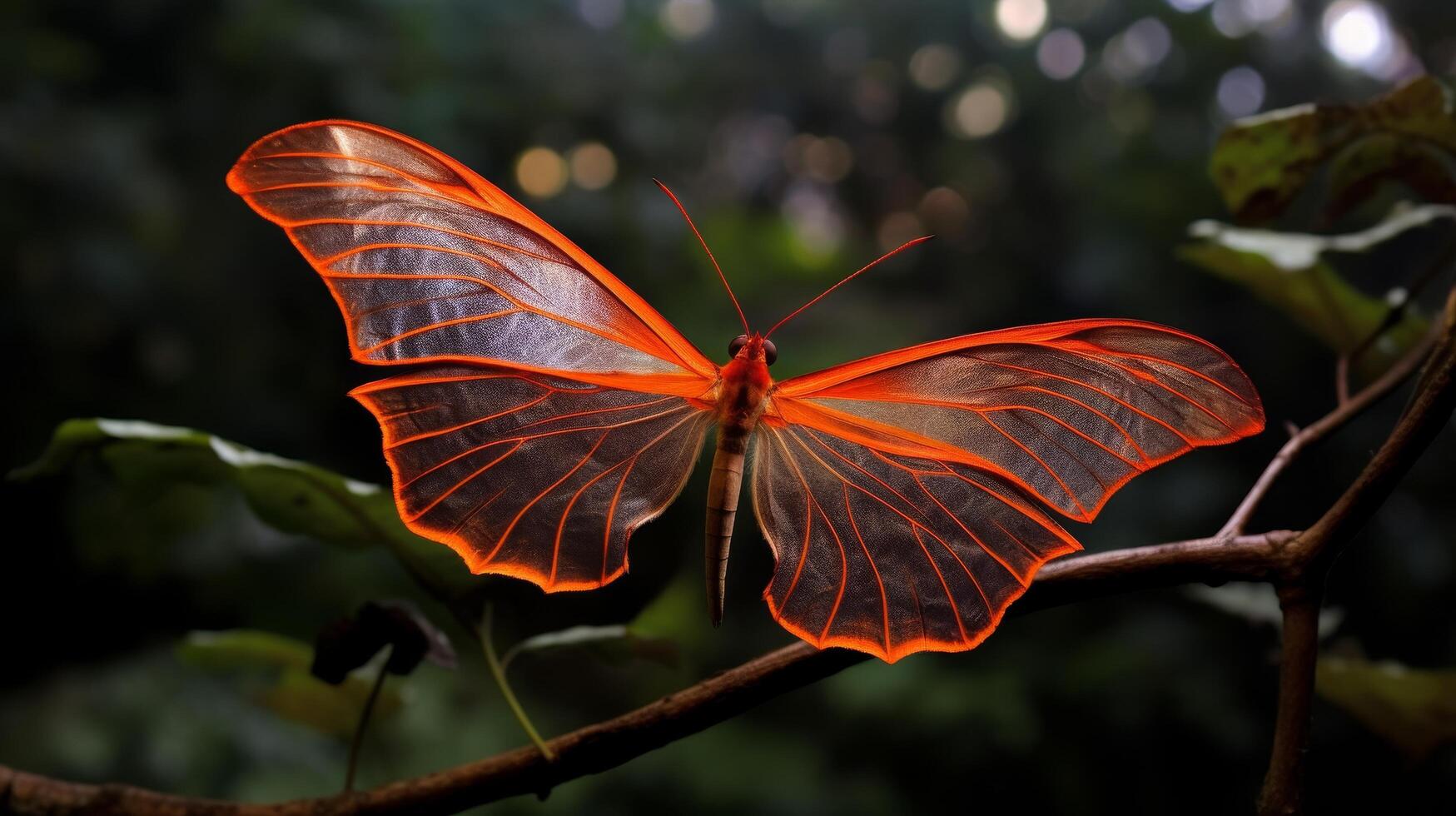 Vibrant orange butterfly resting on branch photo