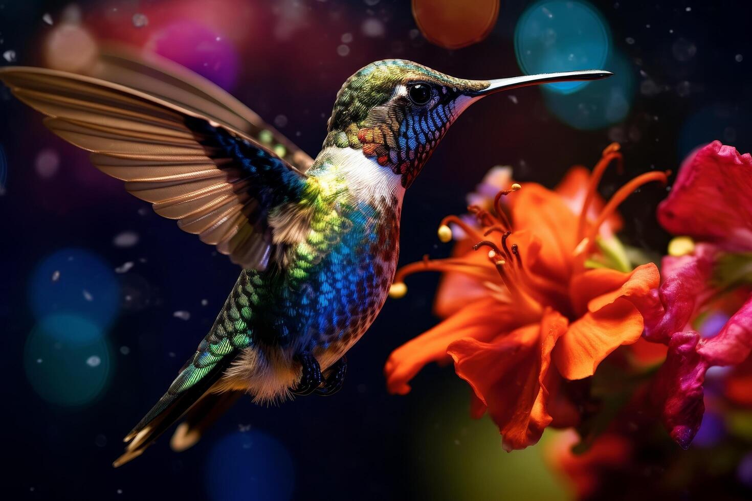 Colorful hummingbird hovering near vibrant flower photo