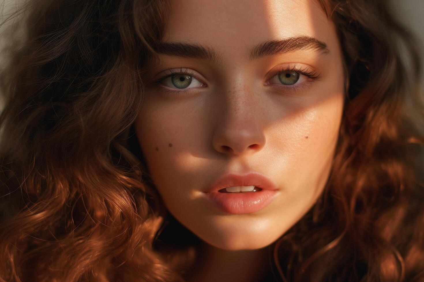 Thoughtful young woman with curly hair and green eyes photo