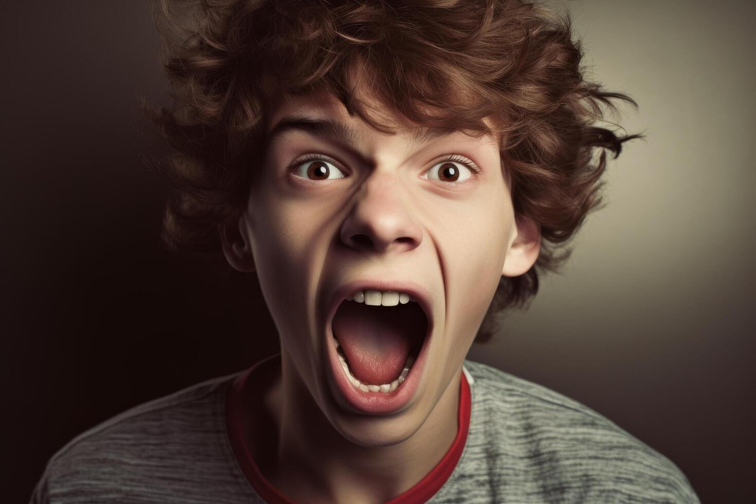Surprised and shocked facial expression of a young boy photo