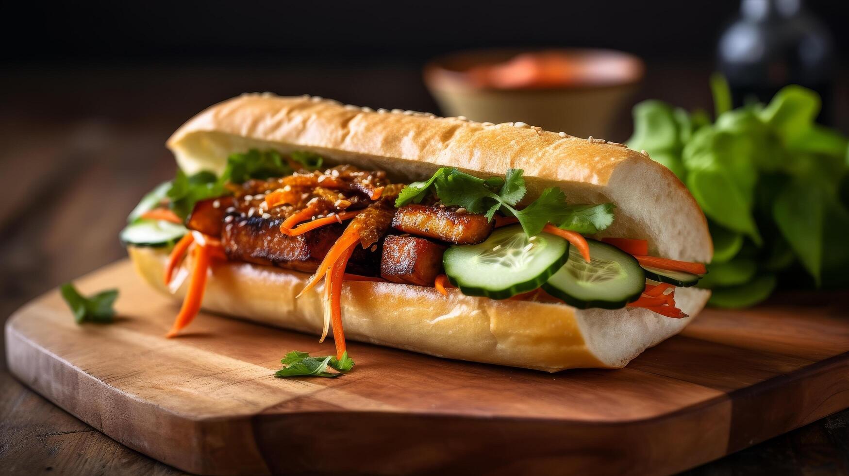 Delicious Vietnamese banh mi sandwich with grilled pork, vegetables, and herbs photo