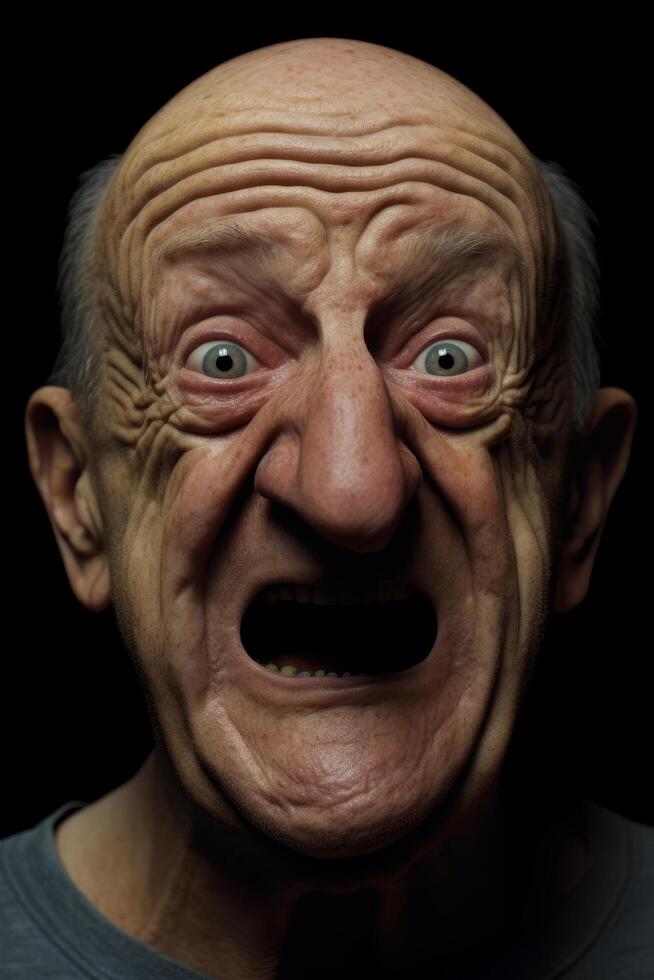 Frightening elderly man with wrinkled face and wide open mouth photo