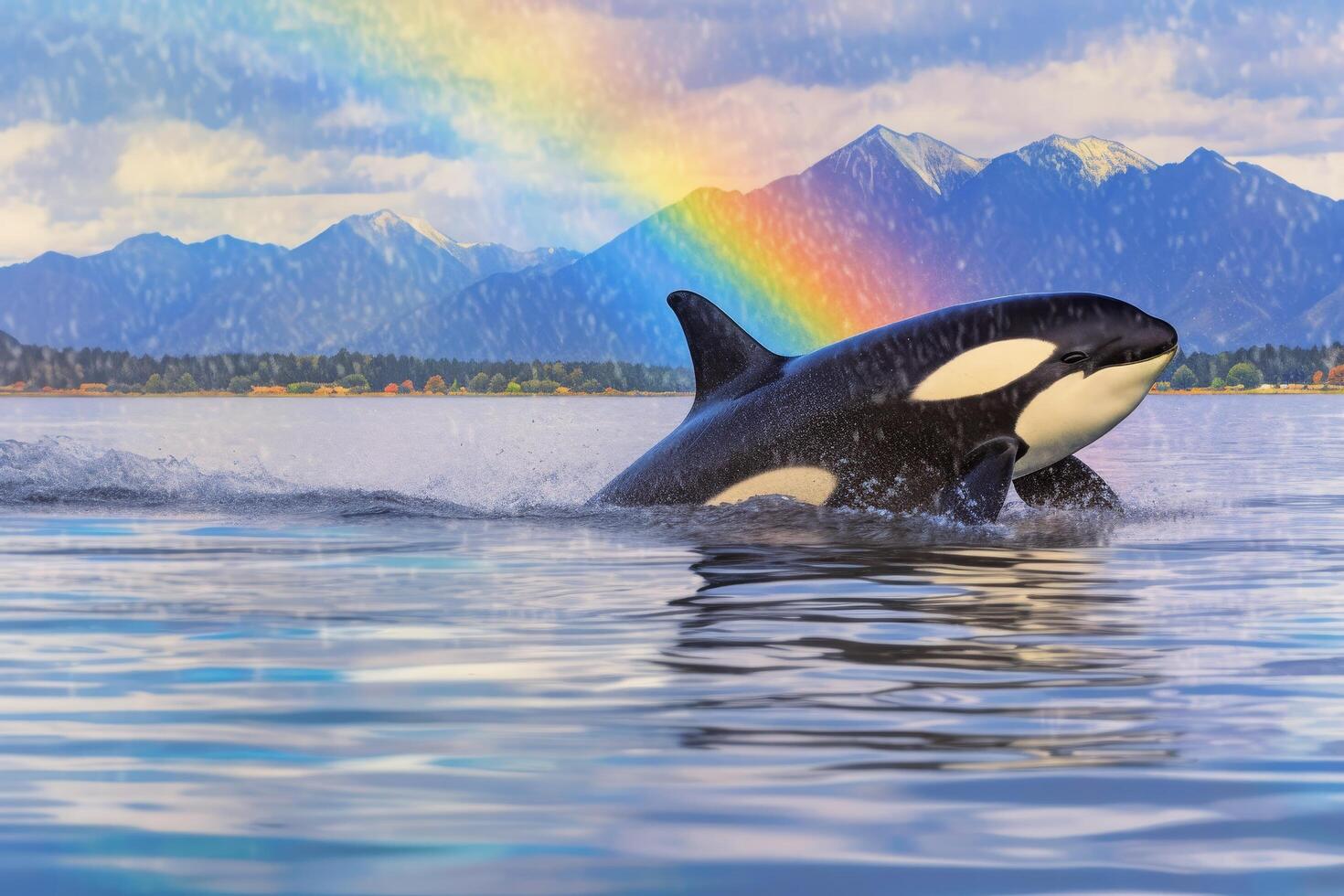 orca whale jumping out of water with rainbow in background photo