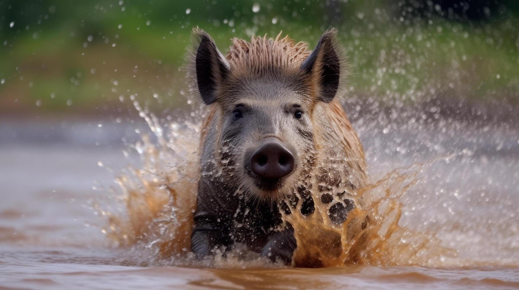 wild boar splashing in water photo
