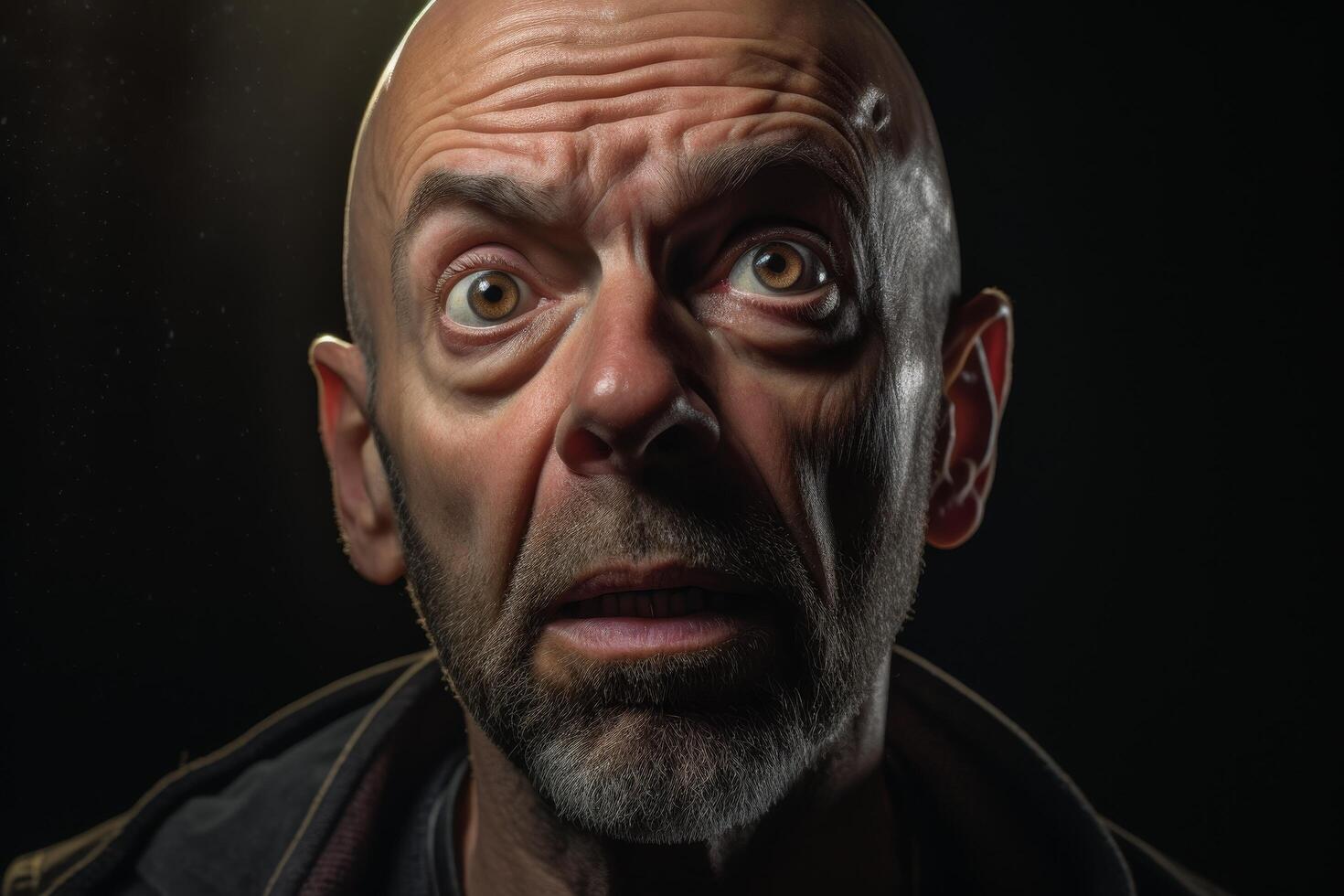 Intense facial expression of a bald, bearded man with piercing eyes photo