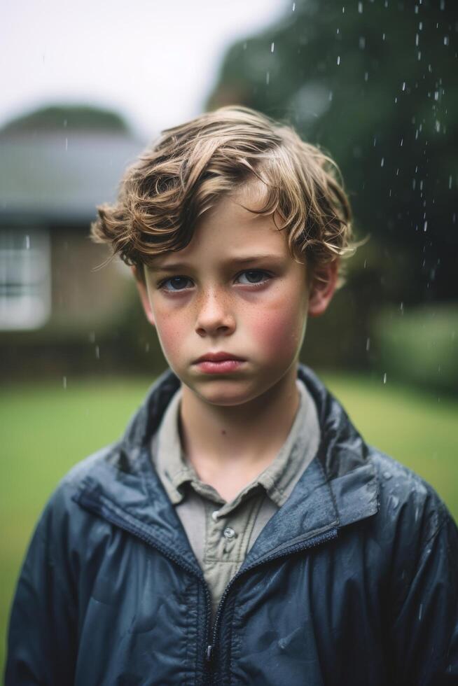 Thoughtful young boy in rain photo