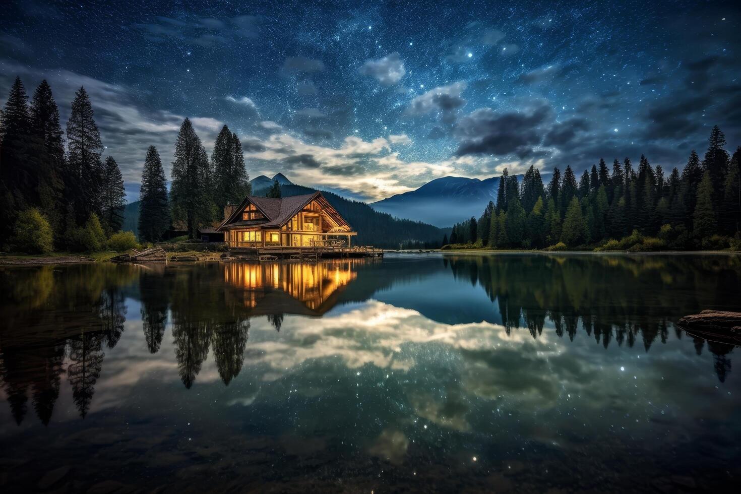 Serene mountain lake cabin at night with starry sky reflection photo