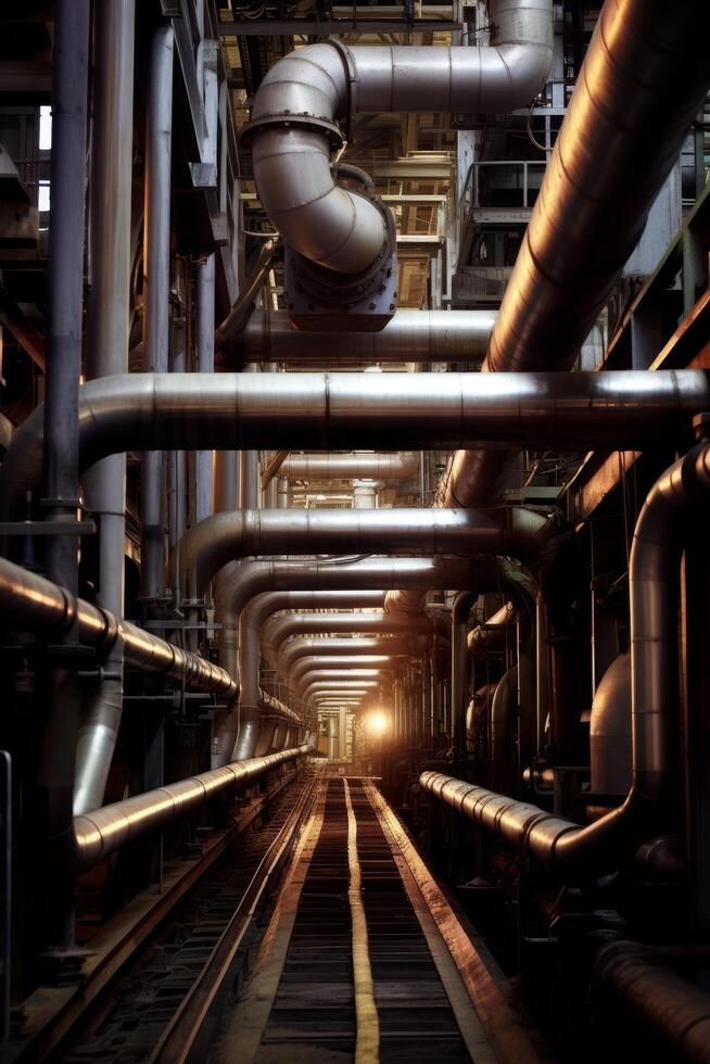 industrial pipes and machinery in a factory photo