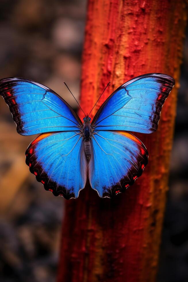 Vibrant blue butterfly resting on a red tree trunk photo