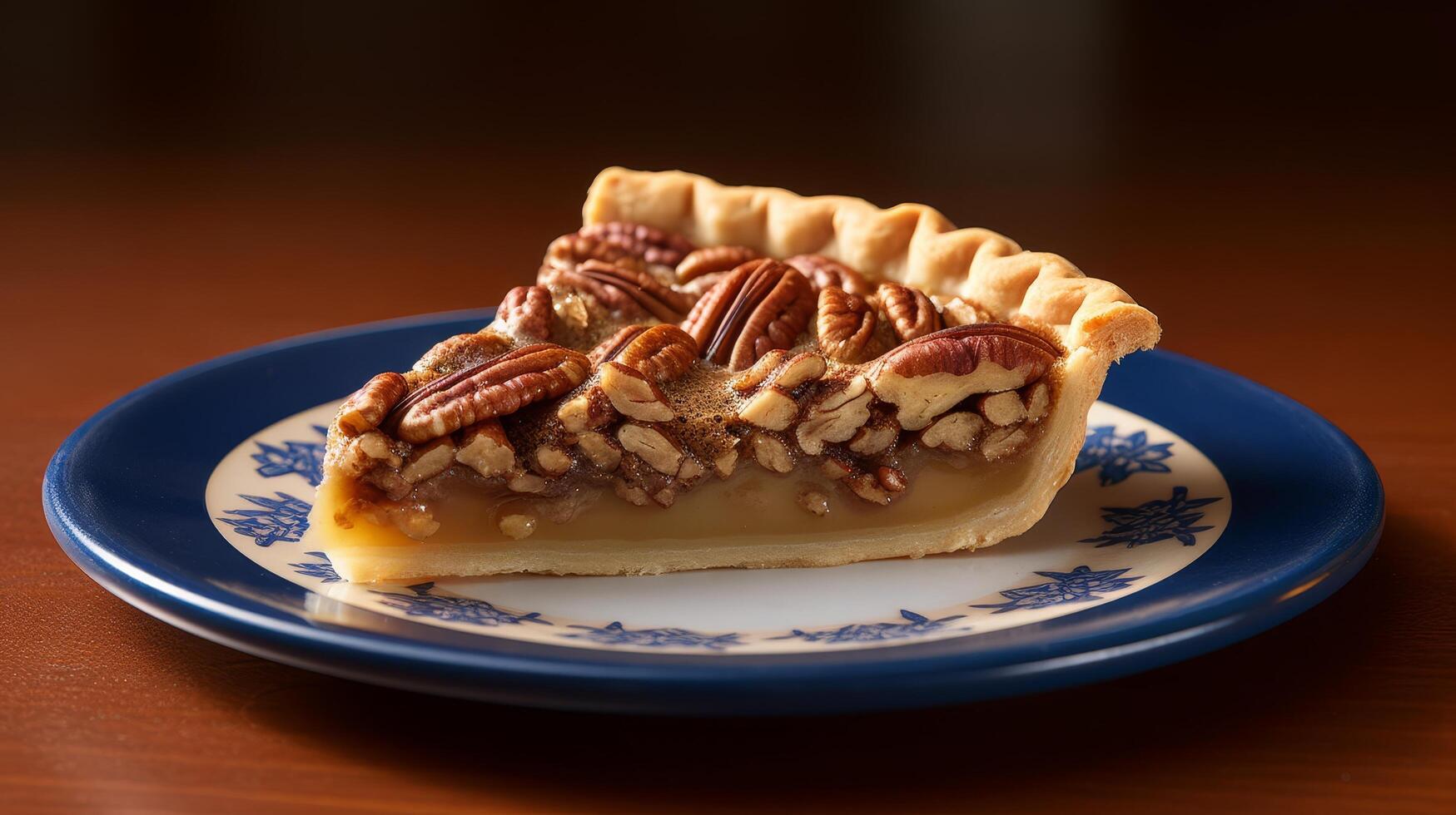 Delicious pecan pie slice on a blue and white patterned plate photo