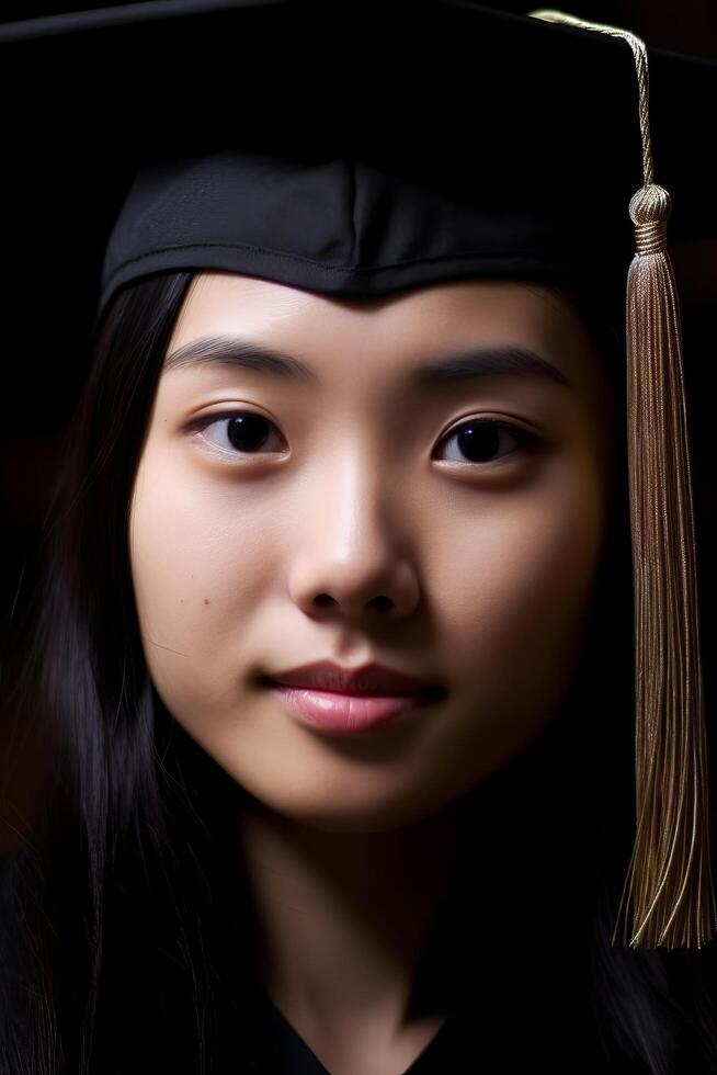 Thoughtful graduate student in black cap and gown photo