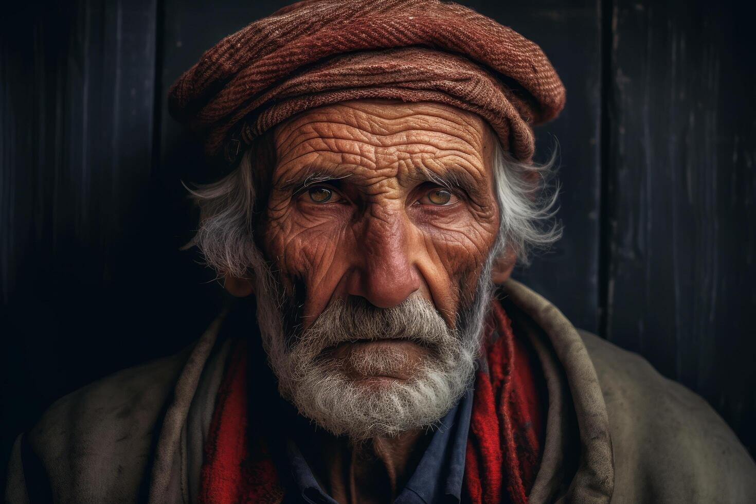 Weathered face of an elderly man with a red turban photo