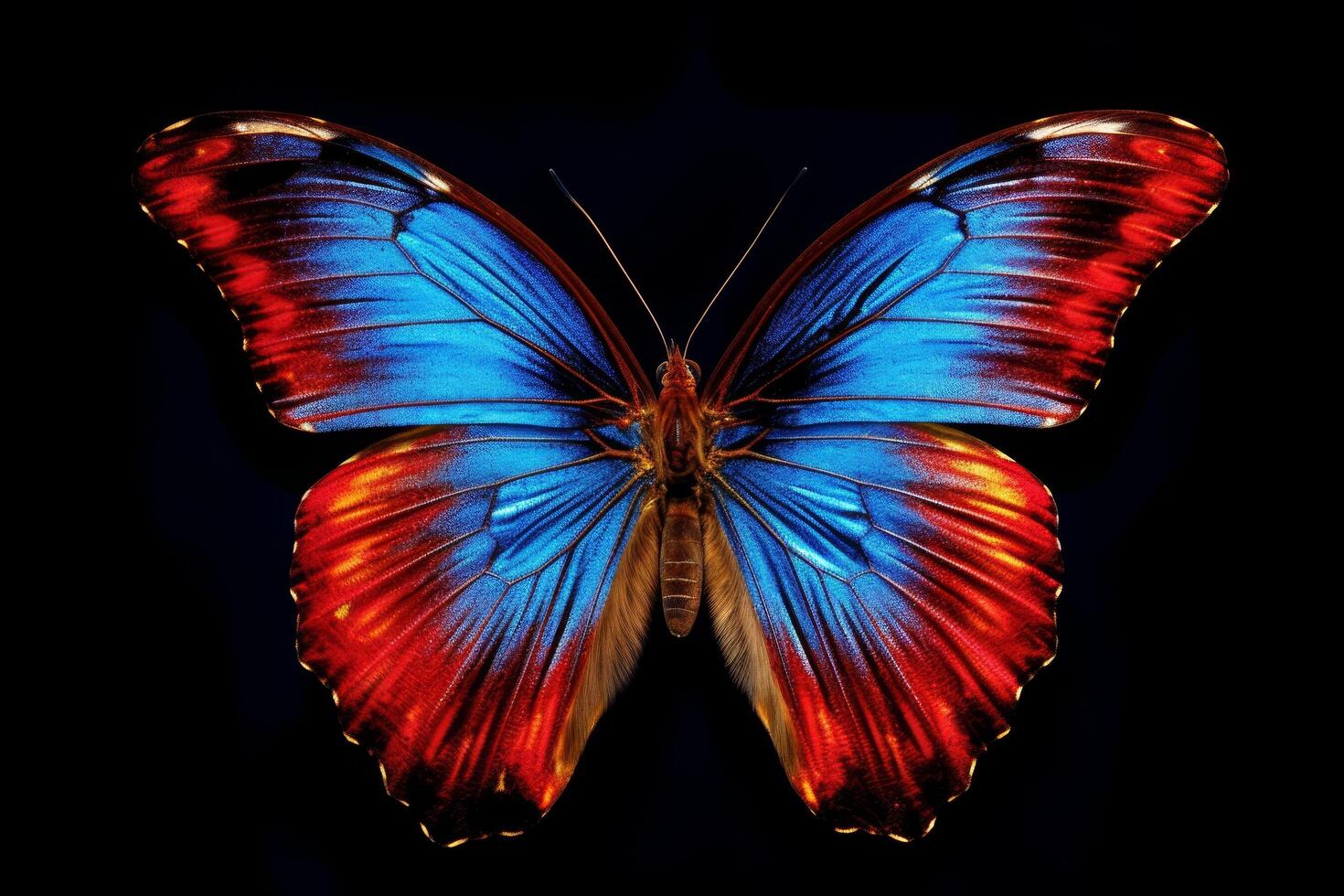 Vibrant blue and red butterfly with open wings photo