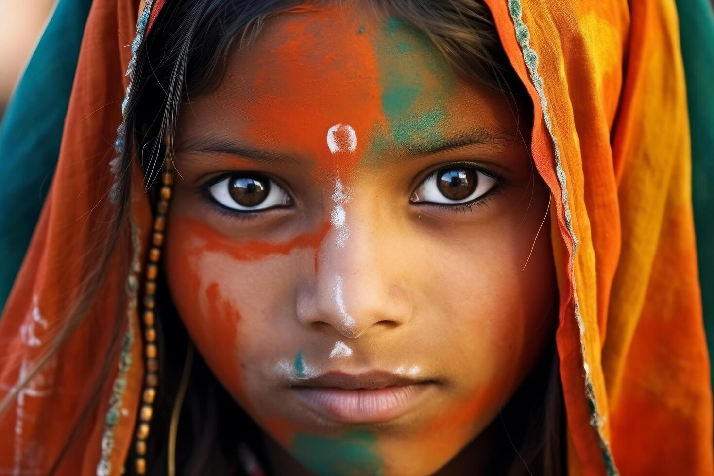 Closeup portrait of a young girl with traditional facial markings photo