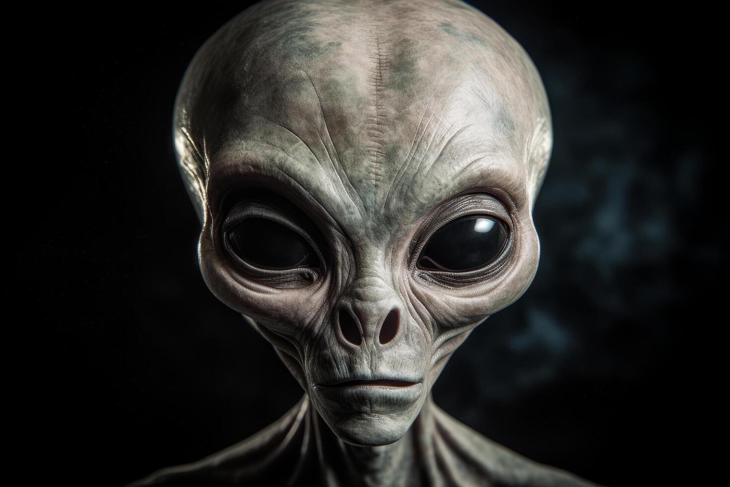 Mysterious alien face with large black eyes photo