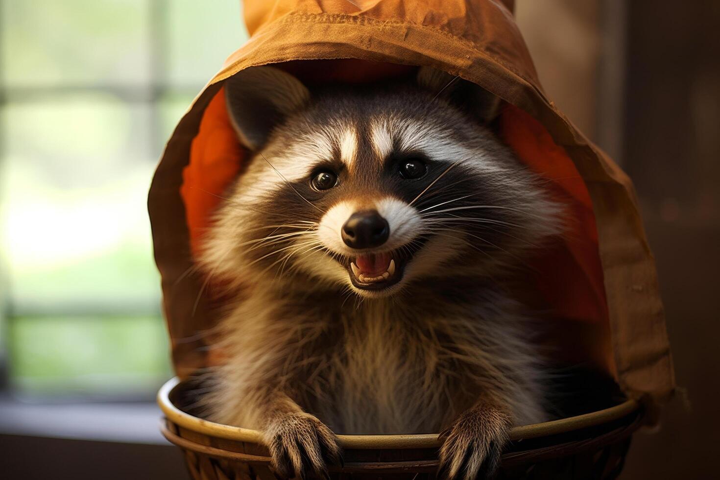 Raccoon peeking out from inside a wooden crate photo